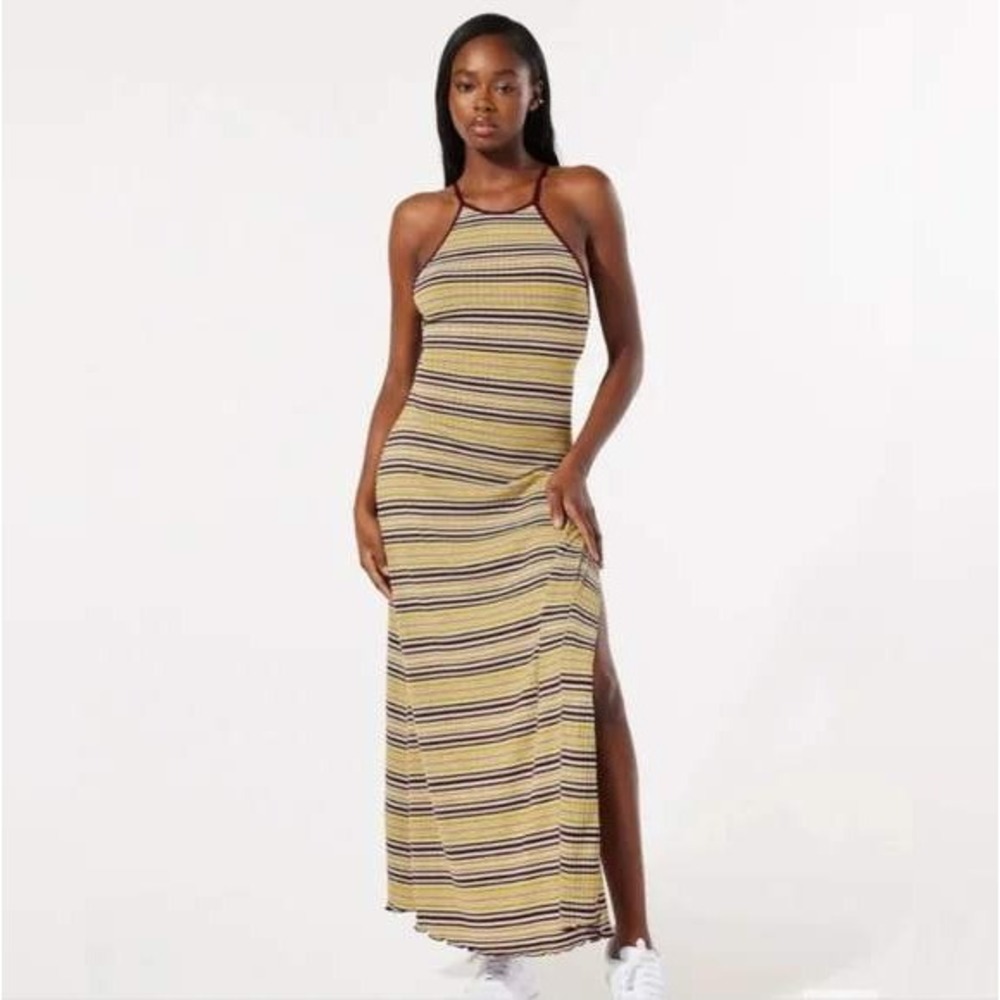 Savage X Fenty Womens Striped Ribbed Knit Maxi Dress Yellow Purple Large L‎